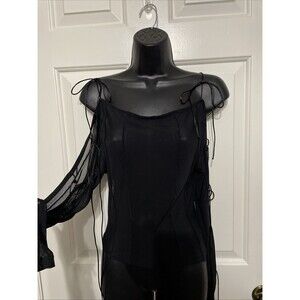 Beige Botany Black Sheer Long Sleeve Open Arm Ties Sz M Whimsigoth Witchy